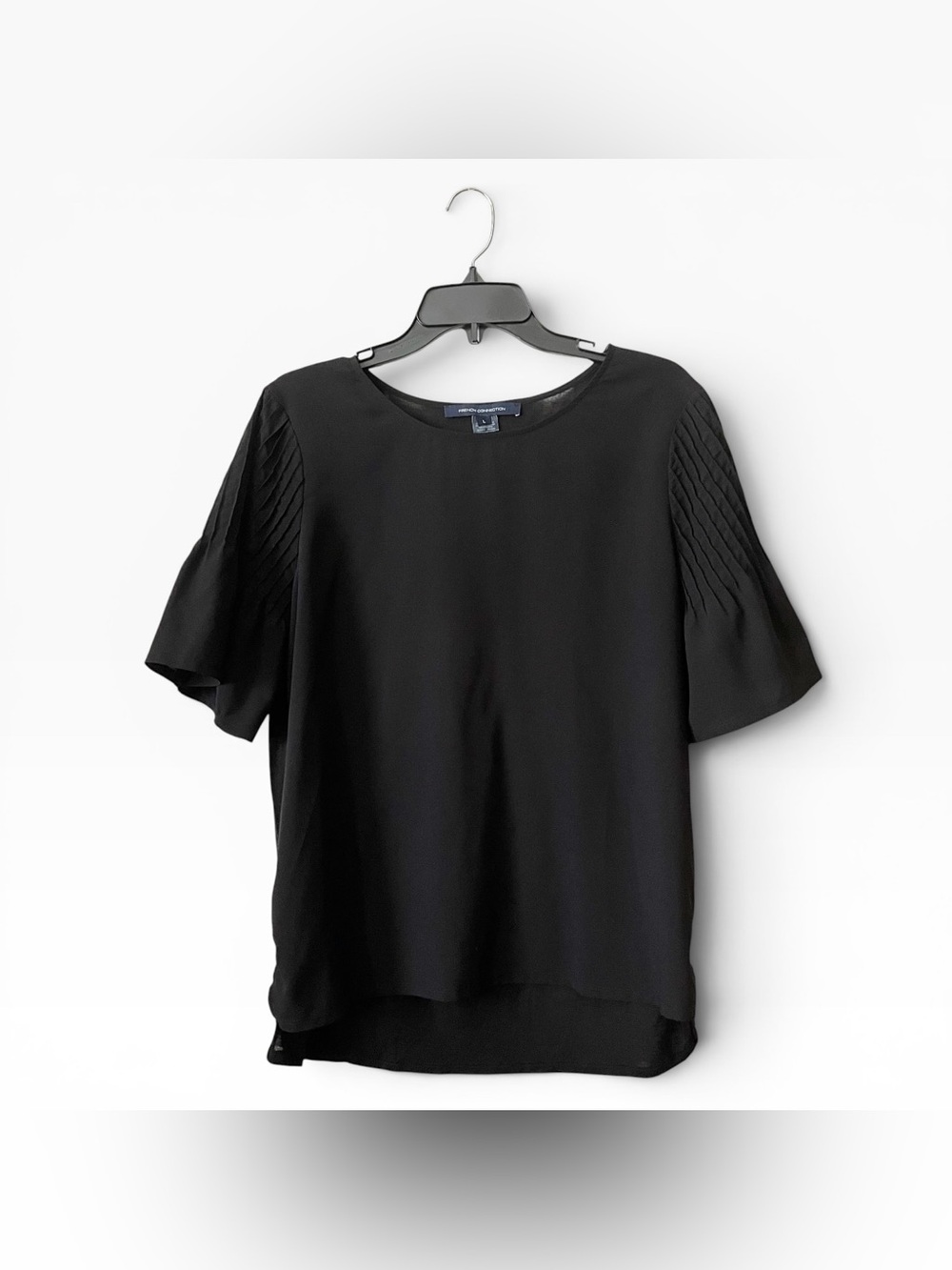 French Connection Top Women's Size L Black Mixed Media Pleated Short Sleeve